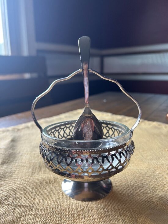 Other - Vintage Silver Sugar Bowl with Spoon  or Condiment dish w ornate  metal basket